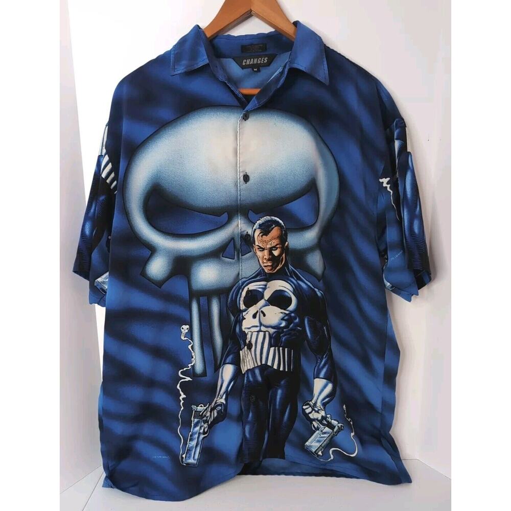 Vintage Punisher Shirt Men M Blue Graphic All Over Print Button Up Y2K Changes
